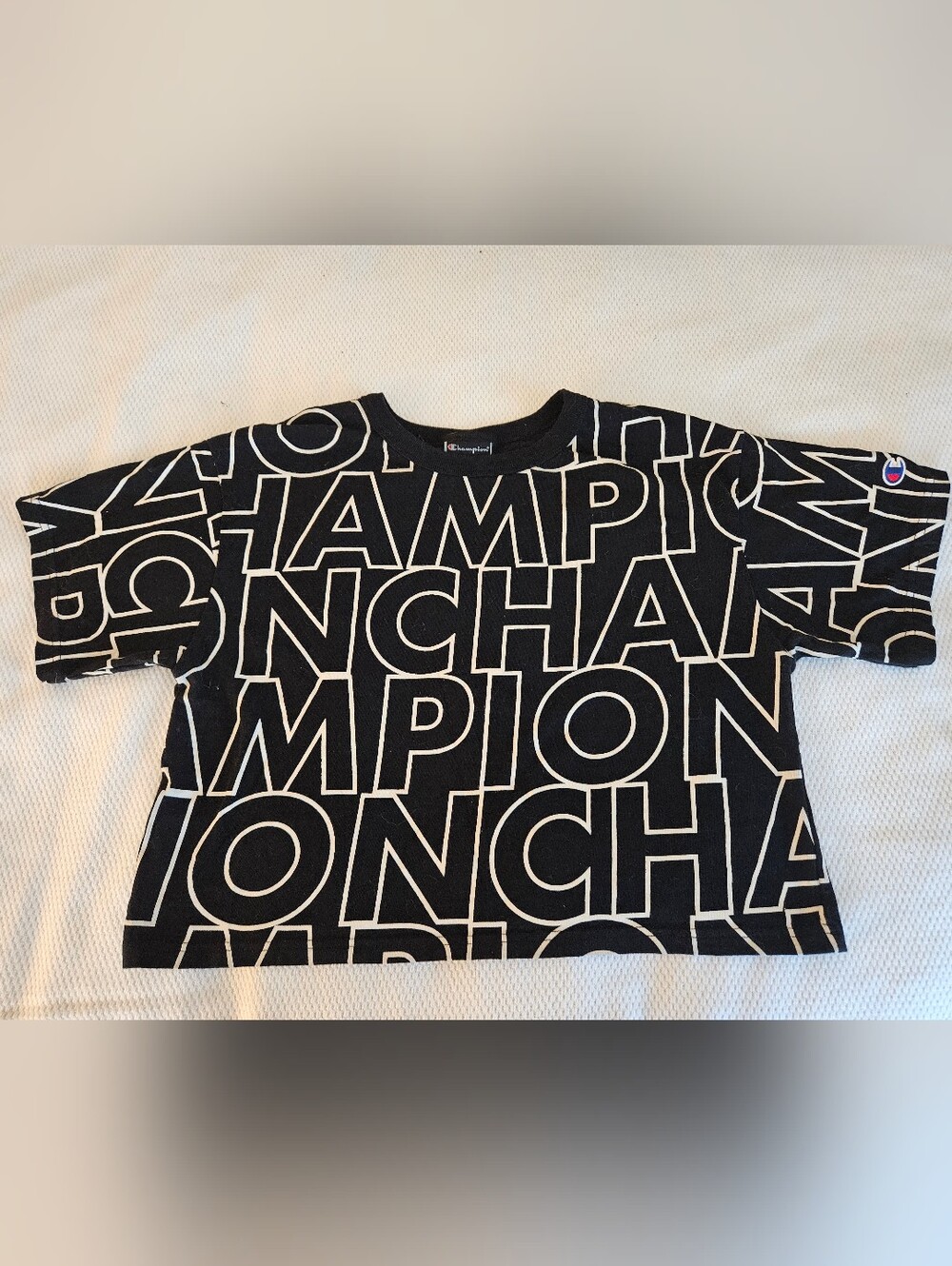 Champion Black Tee with White Allover Logo